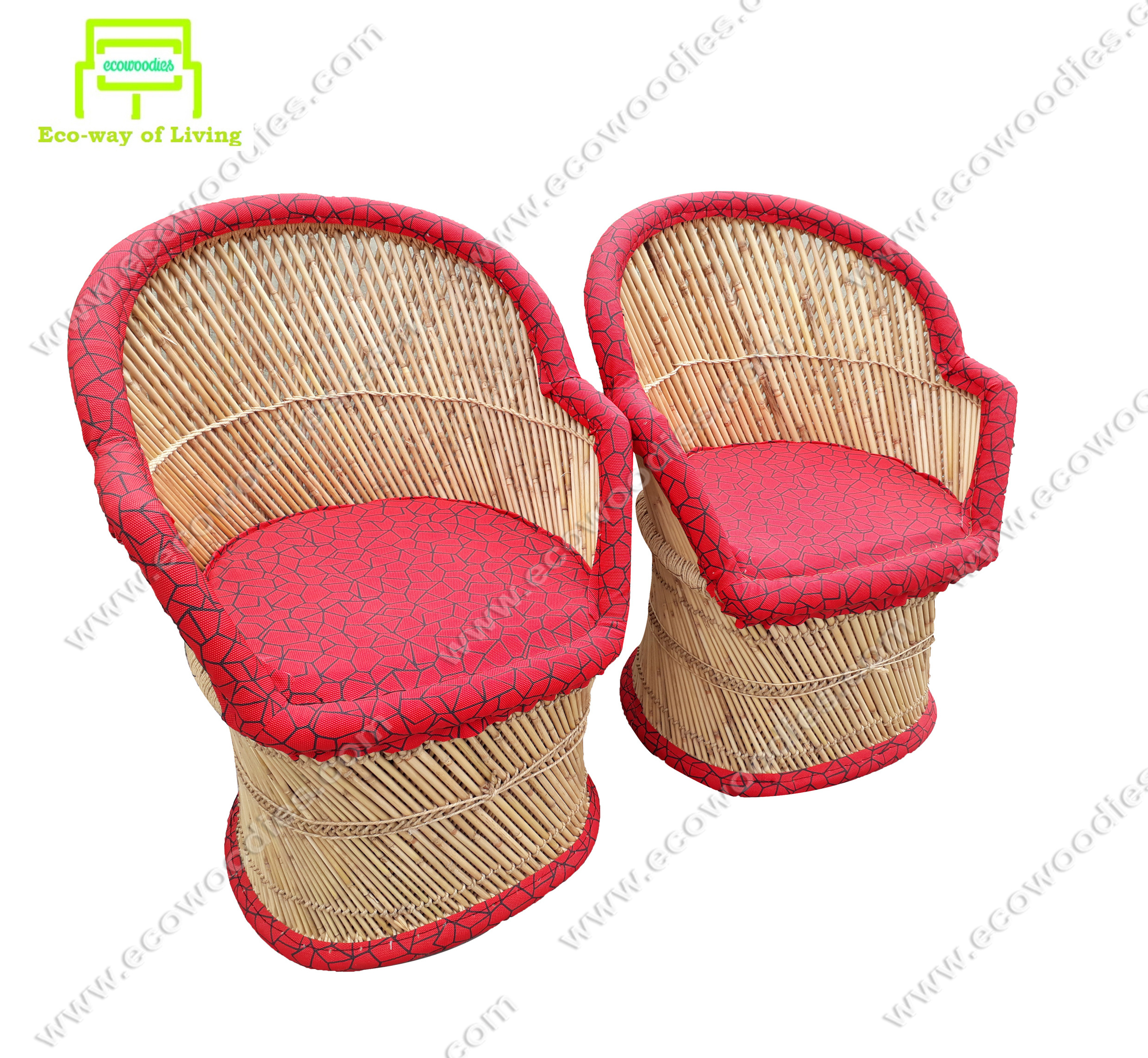 Bistro Cafe Patio Wicker Chair Premium Handmade Wicker set of 2 chairs with Red Padding Eco-Friendly Bamboo Wholesale