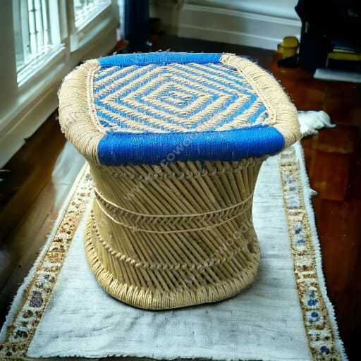 Modern Bamboo Natural Handmade Bamboo Patio Outdoor Footstool Beige & Blue Handicraft Indoor Outdoor Furniture Ottoman