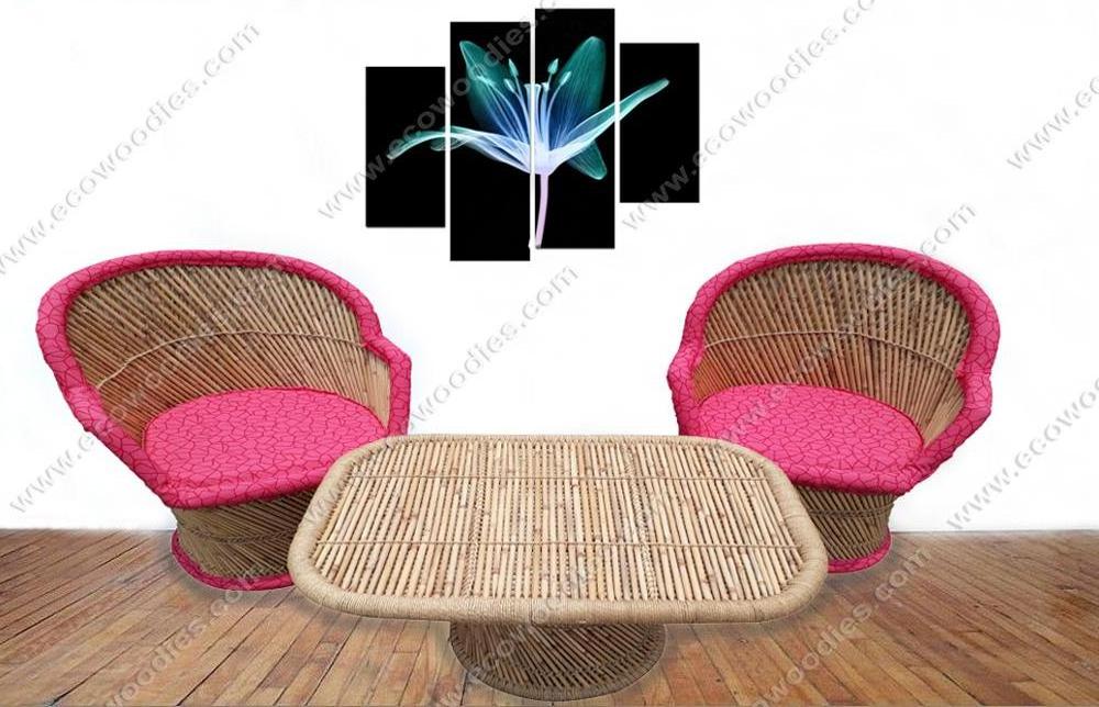 Stylish Handmade Garden Lounge Bamboo Rattan Chair Set of 2 with Center Table Pink Cushion Padding Outdoor Patio Furniture