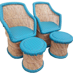 Modern Factory Outdoor Furniture Design Leisure Leather Bamboo Chair Stacking Garden Chair With Ottoman Foot Rest Stool Of 2+2