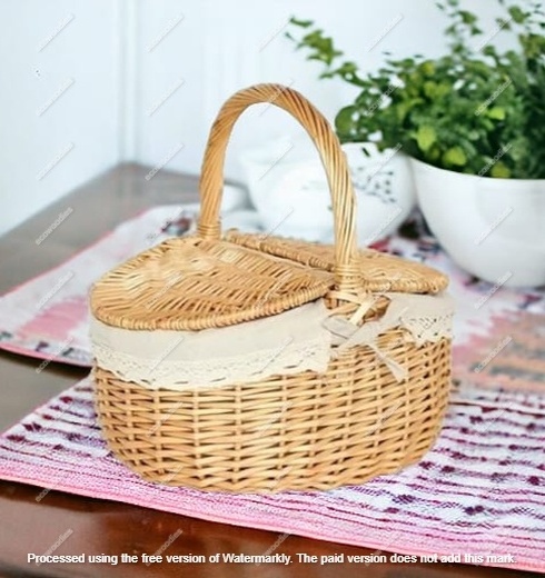 Vintage Wicker Wine Willow Bamboo Wooden Top Picnic Basket Set With wooden Handle and Lid for 4 person Rattan Picnic Basket