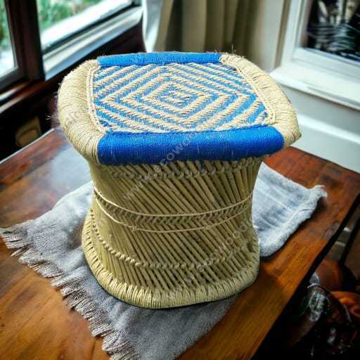 Modern Bamboo Natural Handmade Bamboo Patio Outdoor Footstool Beige & Blue Handicraft Indoor Outdoor Furniture Ottoman