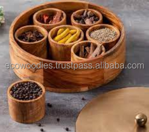 Classic Masala Box 9 Compartments Dabba Wooden Spice Rack Container Utility Box Hand Crafted Solid Wood Seasoning Container