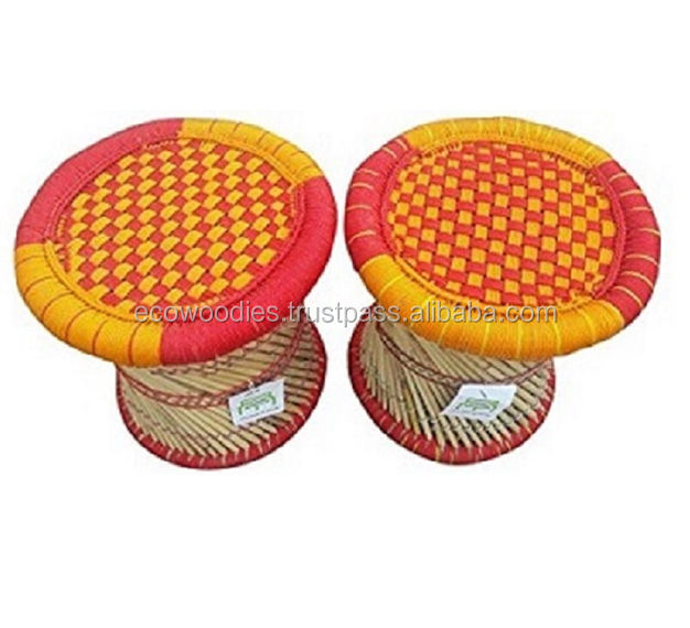 2023 New Design  Eco Friendly Handicraft Bamboo Cane Round Garden Solid Wood Siting Stool Ottoman Best Price