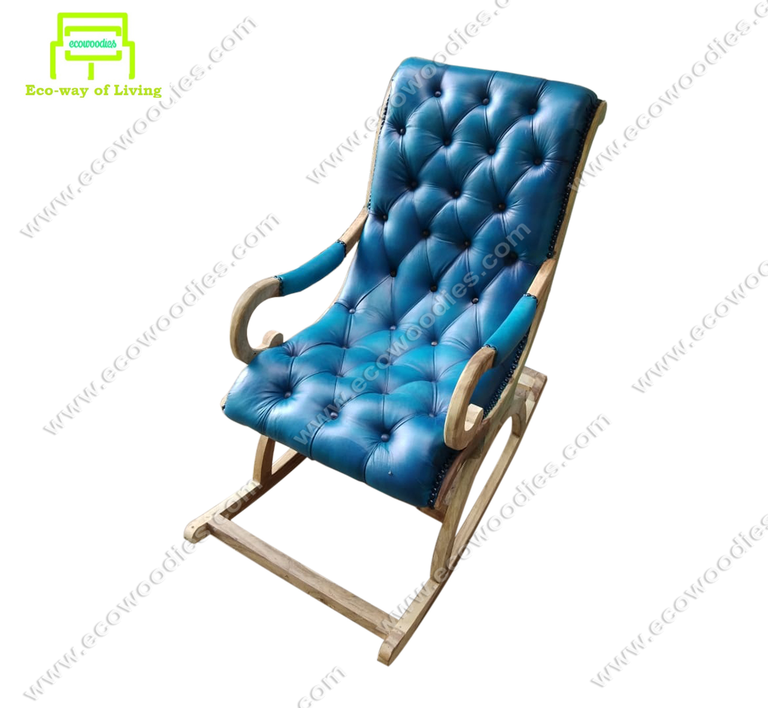 Modern Bamboo Rocking Chair for Elderly with Plush Blue Tufted Comfortable Seat with Armrest Living Room Garden Chair Furniture