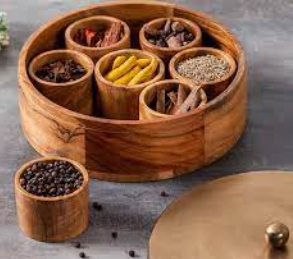 Classic Masala Box 9 Compartments Dabba Wooden Spice Rack Container Utility Box Hand Crafted Solid Wood Seasoning Container