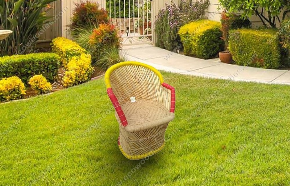 100% eco-friendly vintage bamboo handmade throne chair rounded with red yellow woven edges ideal for garden lounge living room