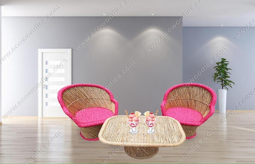 Stylish Handmade Garden Lounge Bamboo Rattan Chair Set of 2 with Center Table Pink Cushion Padding Outdoor Patio Furniture