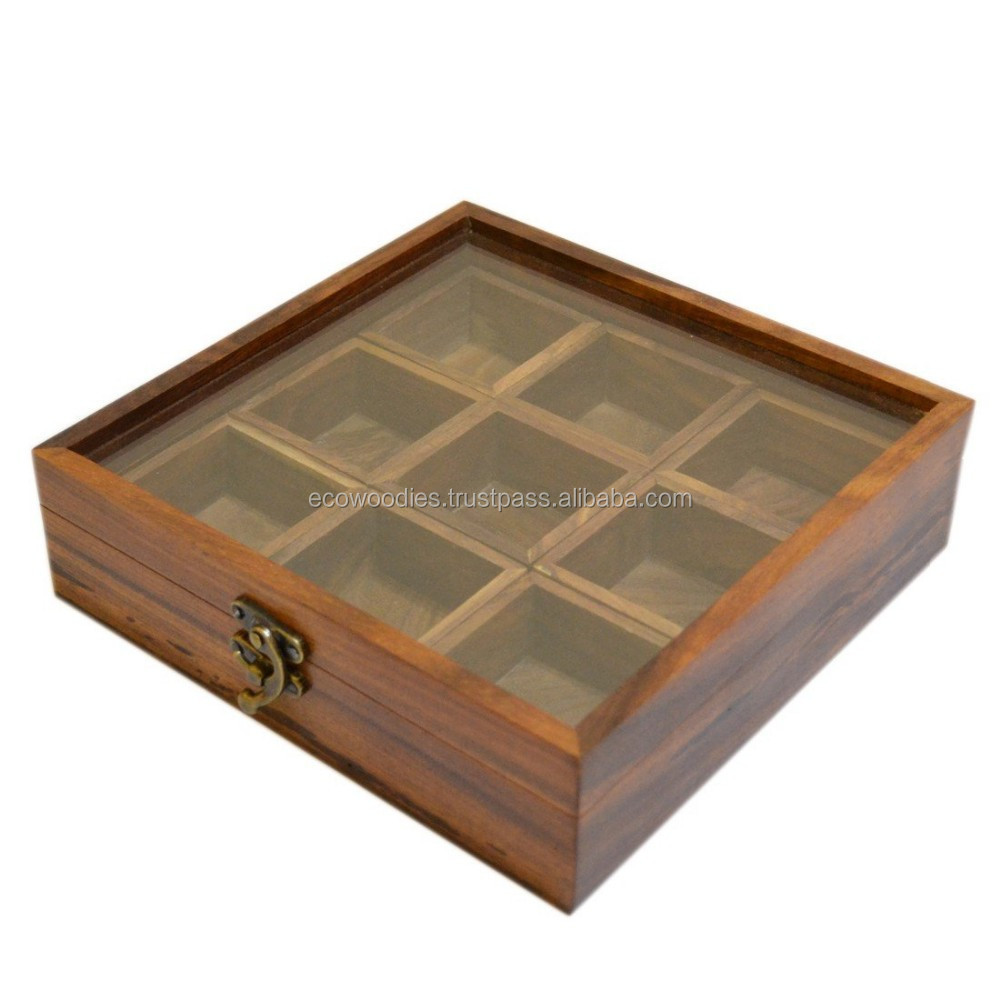 Classic Masala Box 9 Compartments Dabba Wooden Spice Rack Container Utility Box Hand Crafted Solid Wood Seasoning Container