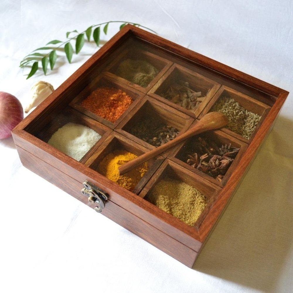 Classic Masala Box 9 Compartments Dabba Wooden Spice Rack Container Utility Box Hand Crafted Solid Wood Seasoning Container