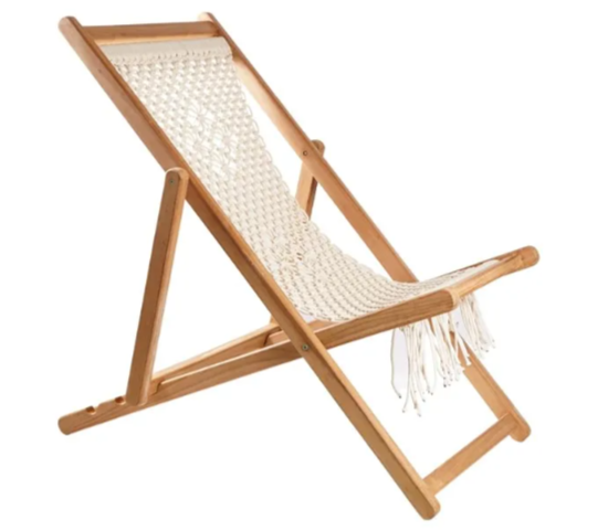 Best Price Vintage Design Outdoor Macrame Cotton Knitted Patio Beach Pool Leisure Wooden Sun Lounger Foldable Carrying Chair