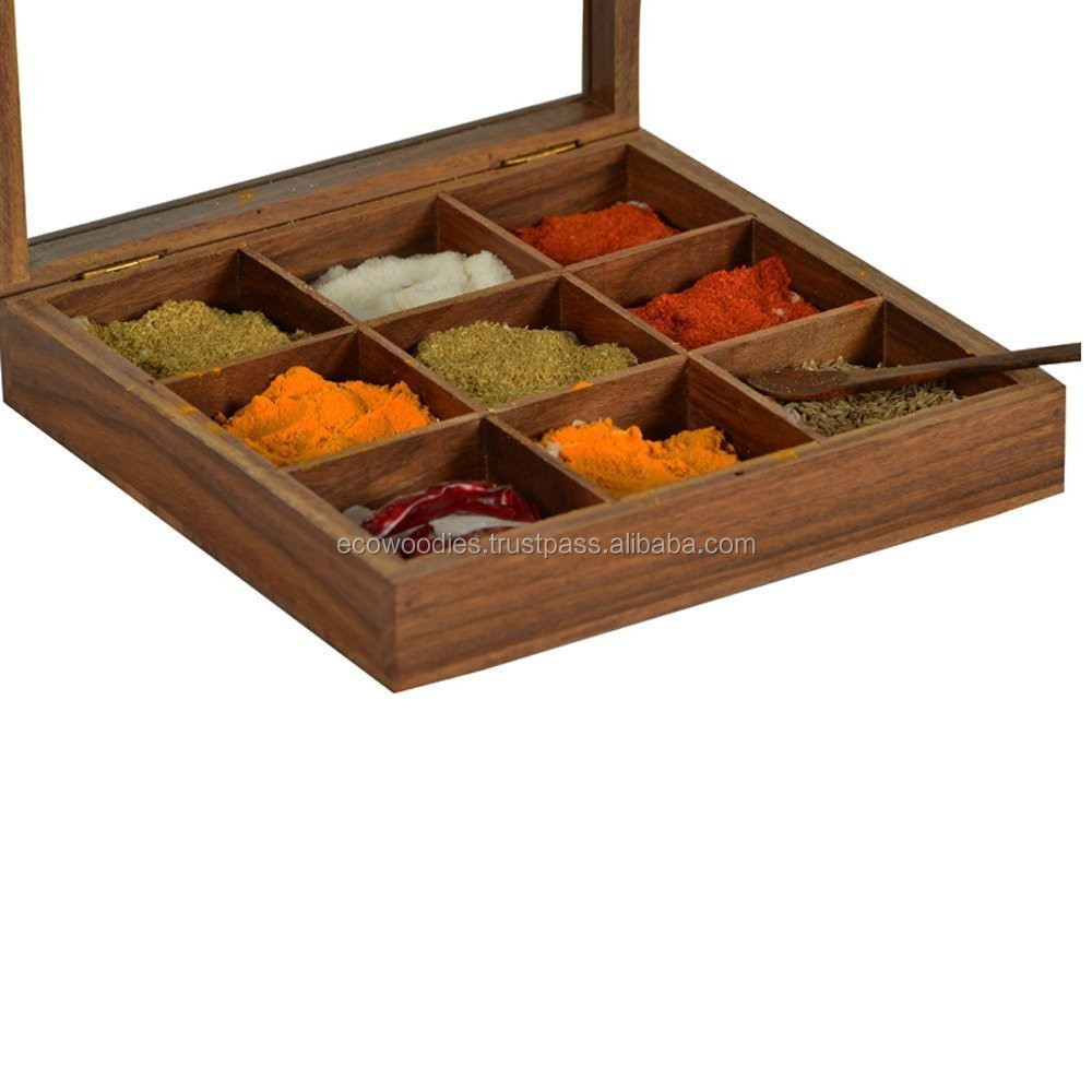 Classic Masala Box 9 Compartments Dabba Wooden Spice Rack Container Utility Box Hand Crafted Solid Wood Seasoning Container