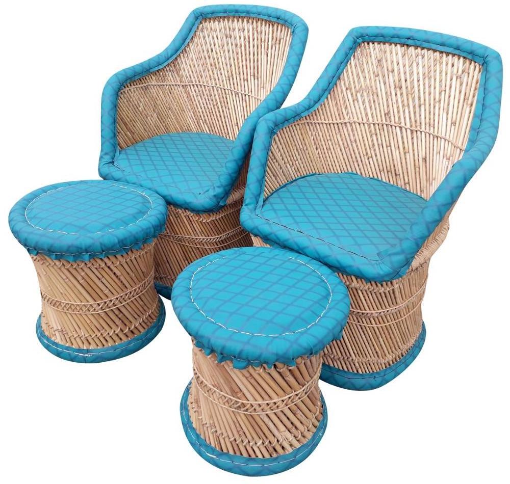 Modern Factory Outdoor Furniture Design Leisure Leather Bamboo Chair Stacking Garden Chair With Ottoman Foot Rest Stool Of 2+2