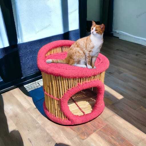 Premium Quality Cane Vintage Wicker Wooden Armless Chair Pet Dog Cat Animal Sitting Bamboo Cage Houses Bed Sofa Chair