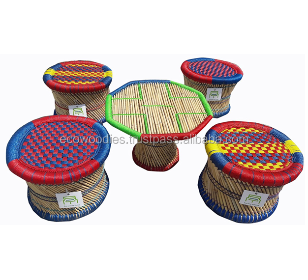 2023 Hot Sale Eco Friendly Bamboo Round Stool Ottoman  Set Portable Stacking Home Garden Furniture