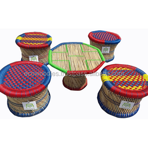 2023 Hot Sale Eco Friendly Bamboo Round Stool Ottoman  Set Portable Stacking Home Garden Furniture