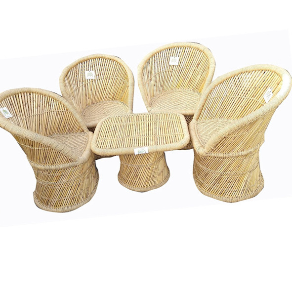 Top Selling Beige Bamboo Rattan Patio  Chair Table Set 4+1 For Living Room Main Hall Garden Office Backyard