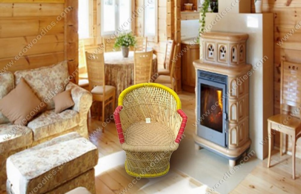 100% eco-friendly vintage bamboo handmade throne chair rounded with red yellow woven edges ideal for garden lounge living room