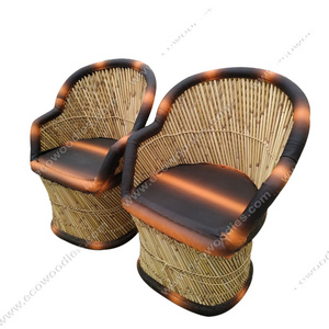 2024 Luxury Leather Bamboo Brown Thrown Chair Set of 2 Comfortable Padded Seating Dining Bistro Office Living room Wholesale