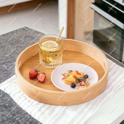 Rounded Handmade Breakfast Wooden Bamboo Tray  Eco-friendly Large Capacity Bamboo Bread Food Storage for Kitchen Counter