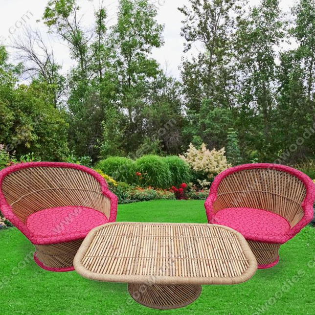 Stylish Handmade Garden Lounge Bamboo Rattan Chair Set of 2 with Center Table Pink Cushion Padding Outdoor Patio Furniture