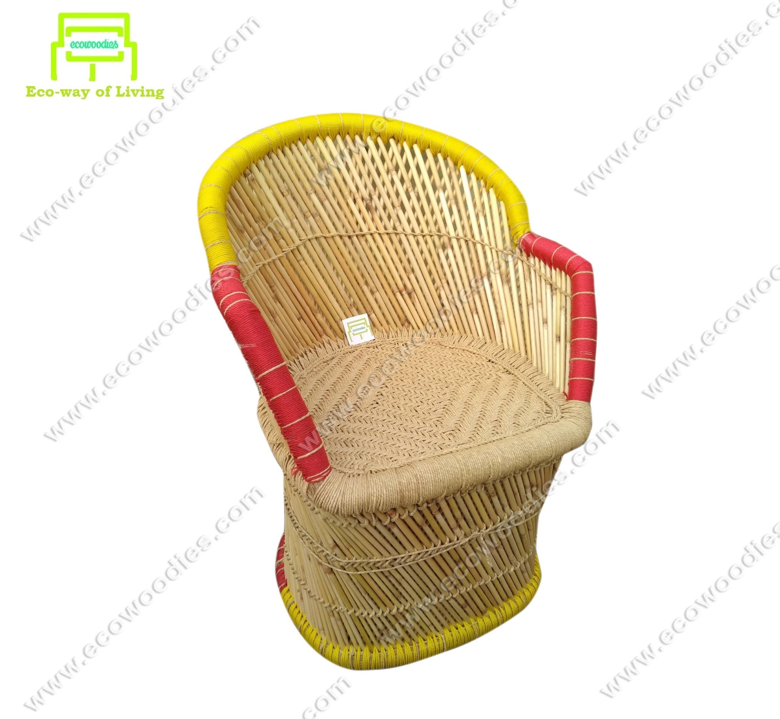 Highest selling Bamboo Handmade Thrown Chair Rounded with Red Yellow Woven Edges Ideal for Garden Lounge Living Room Wholesale