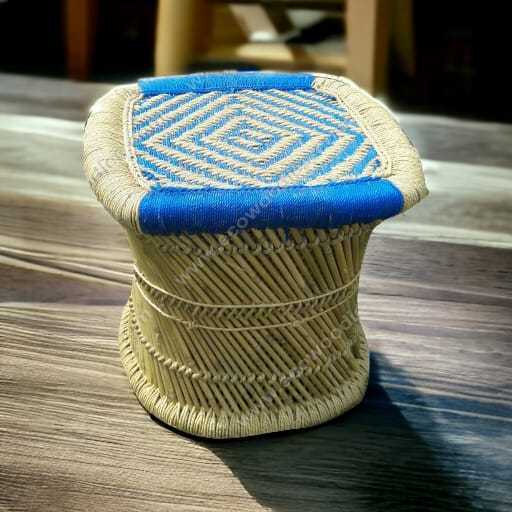 Modern Bamboo Natural Handmade Bamboo Patio Outdoor Footstool Beige & Blue Handicraft Indoor Outdoor Furniture Ottoman