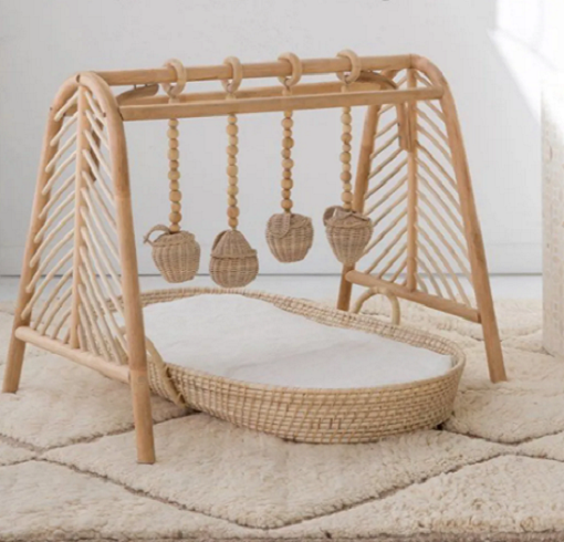 Best Price Natural Wooden Rattan Play Baby Gym With Hanging Dangles Rattan Baby Play Gym Frame Activity Mat With Teething Toys