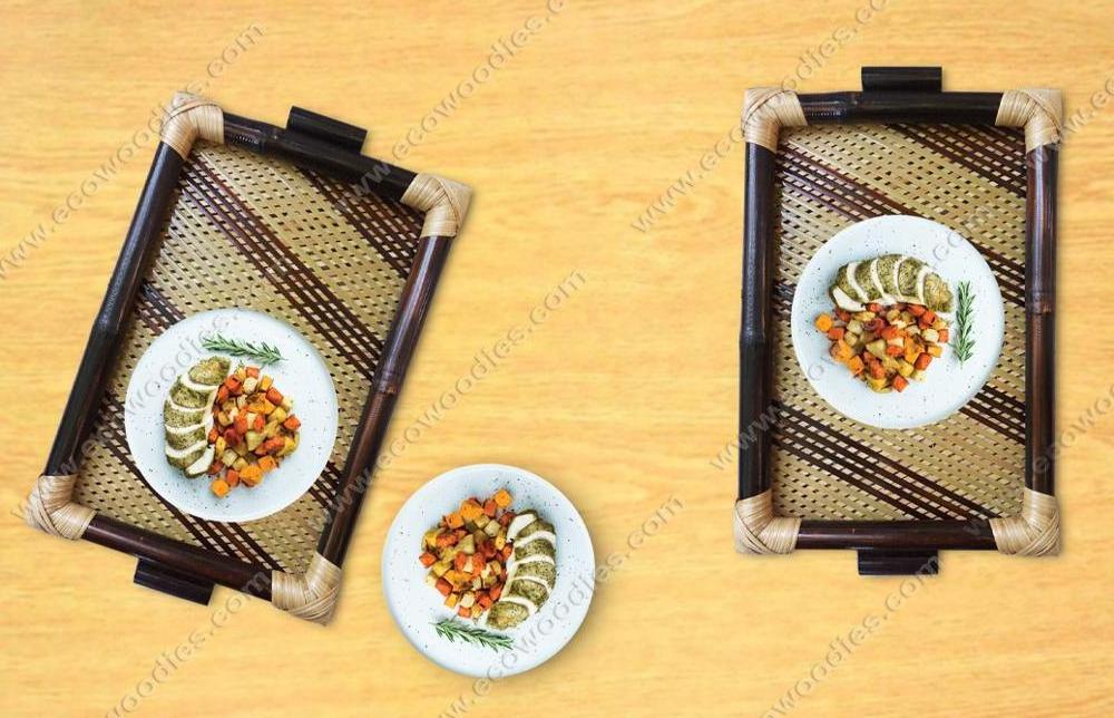 Wholesale Natural Custom Design Handmade Bamboo Wooden Food Serving Tray Set With Handle For Home Living Room And Kitchen