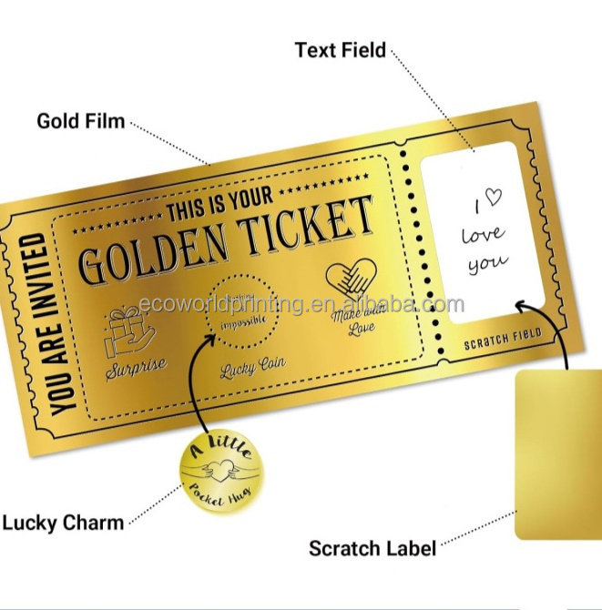 Custom Printing Write in Your Message Reveal Golden Ticket Scratch Off Card with Scratch off Label