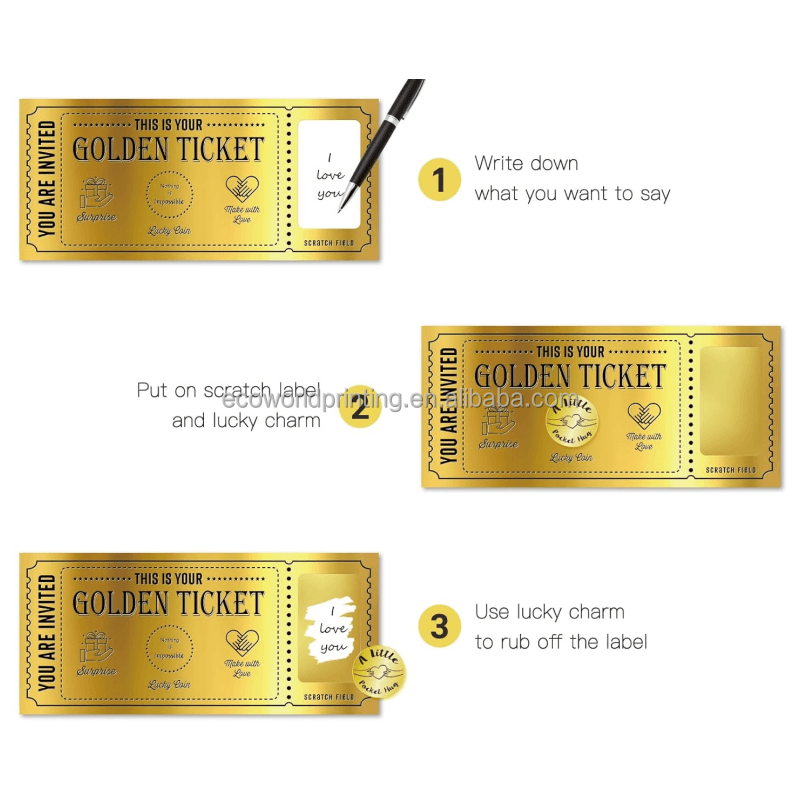 Custom Printing Write in Your Message Reveal Golden Ticket Scratch Off Card with Scratch off Label