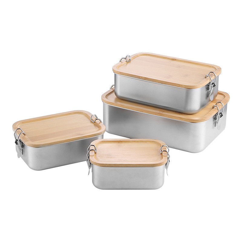 Portable various capacities metal 304 stainless steel Food Storage Container lunch box with bamboo lid & lock closure