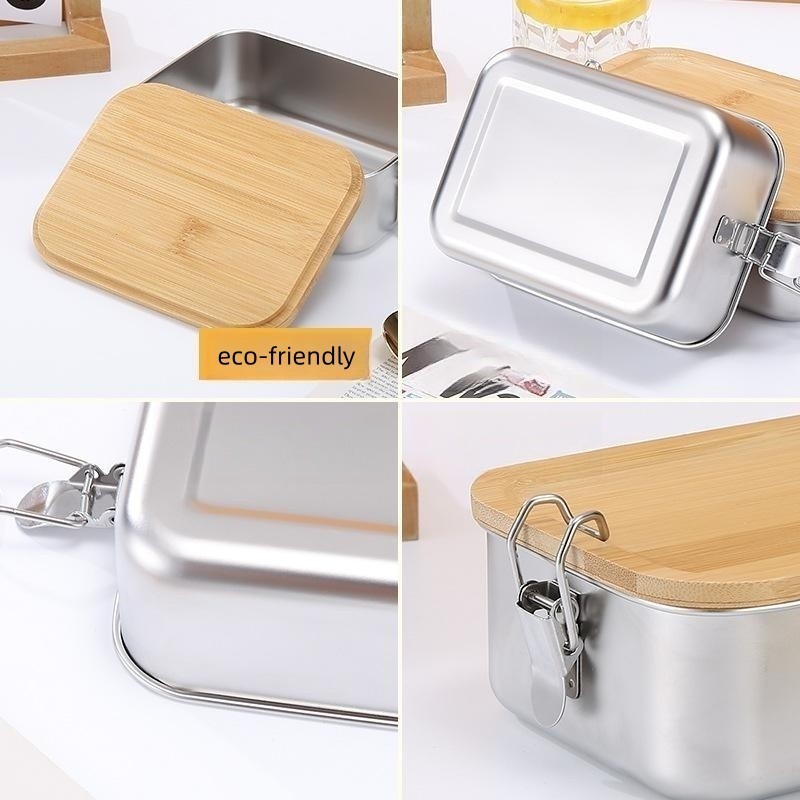 Portable various capacities metal 304 stainless steel Food Storage Container lunch box with bamboo lid & lock closure