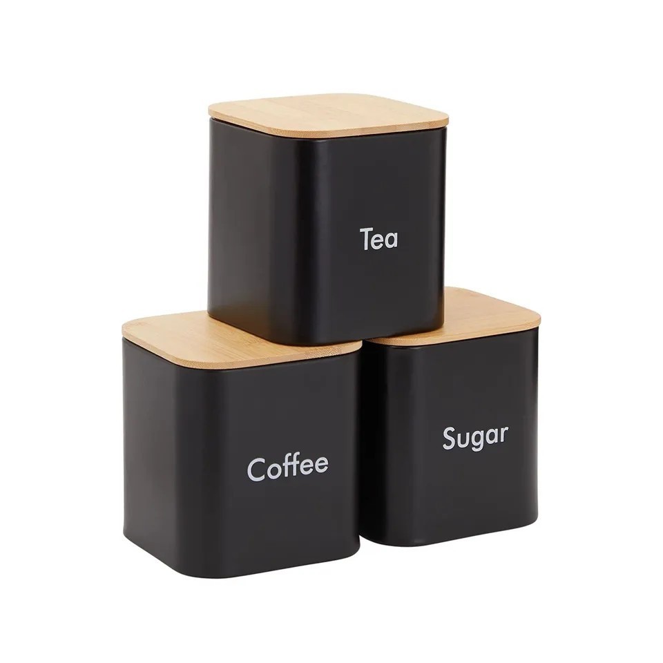 3 piece Sugar Tea Coffee Containers Set Black Stainless Steel Jar Canisters with Bamboo Lid