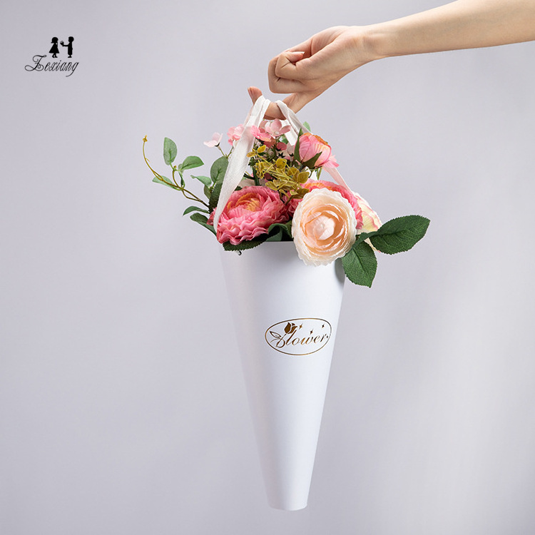 Zexiang folding cone single bag flower bouquet tote packaging paper bag with handle