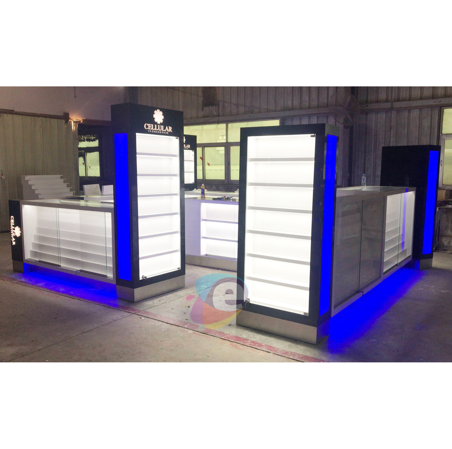 Mall glass display phone kiosk/ display showcase design triangle shape OEM