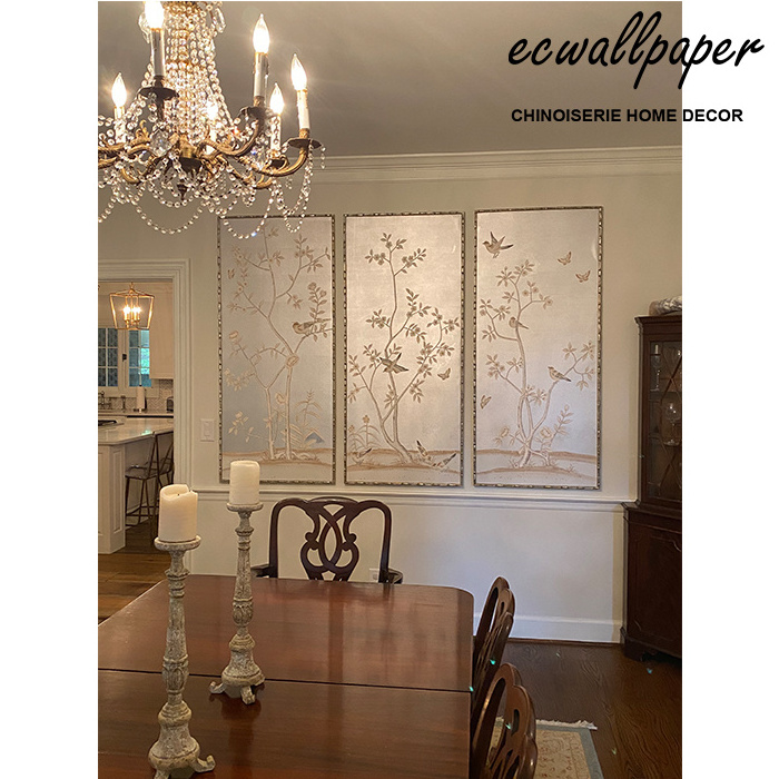 Unframed Chinoiserie Panel Wallpaper Hand Painted Wallpaper for dining room