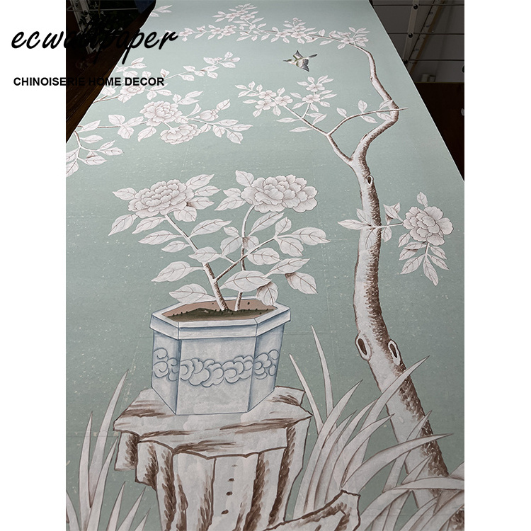 Floral wallpaper Chinoiserie Wallpaper Hand Painted Wallpaper On blue tea paper 3ft x 8ft - accept customize