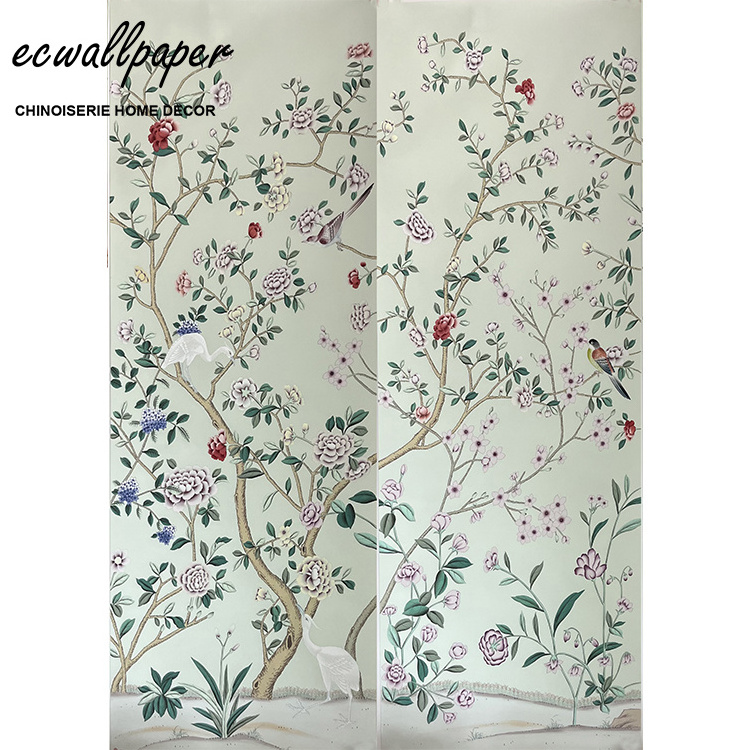 Top Quality Chinoiserie Wallpaper with Birds Floral Wallpaper on Celadon silk