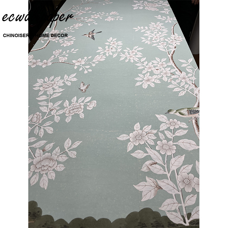 Floral wallpaper Chinoiserie Wallpaper Hand Painted Wallpaper On blue tea paper 3ft x 8ft - accept customize