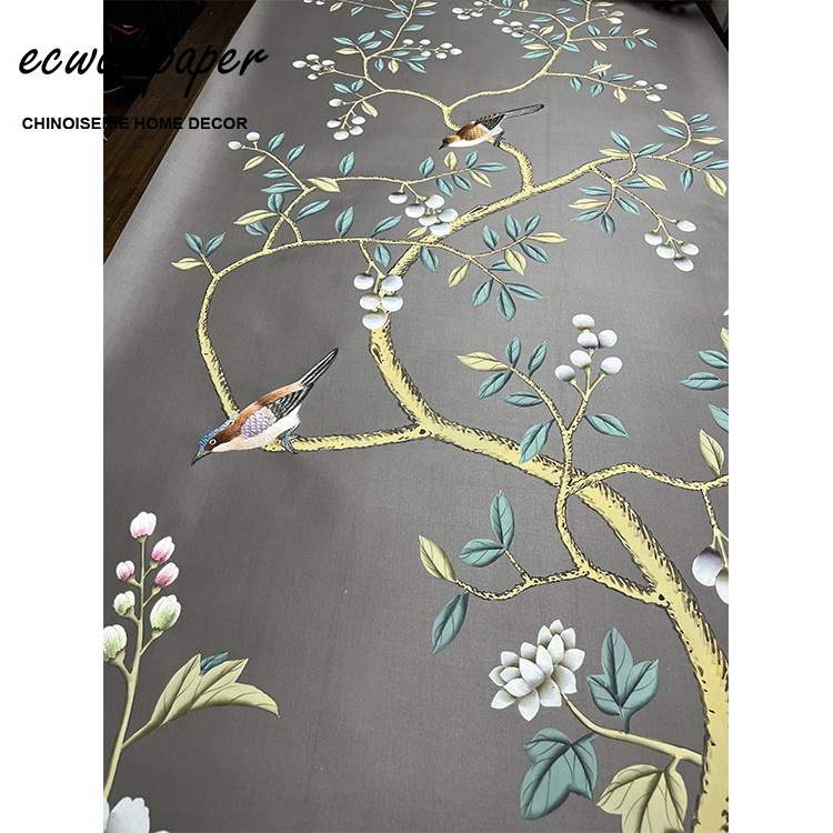 Chinoiserie Hand painted wallpapers on purple grey Silk with Partial Embroidery