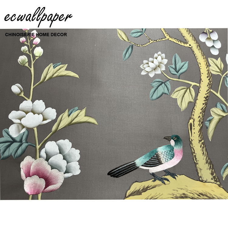 Chinoiserie Hand painted wallpapers on purple grey Silk with Partial Embroidery