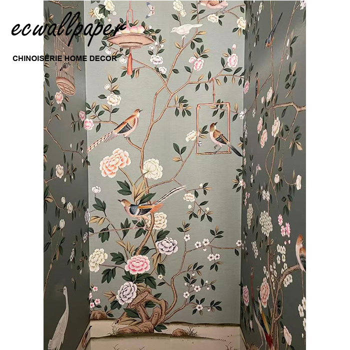 Chinoiserie Wallpaper Hand Painted Wallpaper On Silk For Bathroom