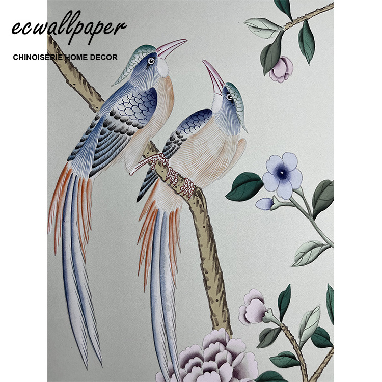 Top Quality Chinoiserie Wallpaper with Birds Floral Wallpaper on Celadon silk