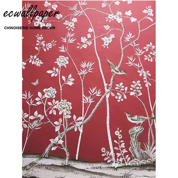 Chinoiserie Wallpaper Hand Painted Wallpaper On Red Silk