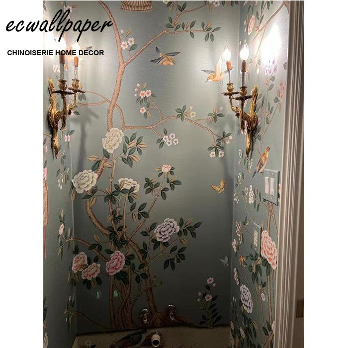 Chinoiserie Wallpaper Hand Painted Wallpaper On Silk For Bathroom