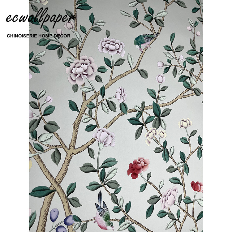 Top Quality Chinoiserie Wallpaper with Birds Floral Wallpaper on Celadon silk