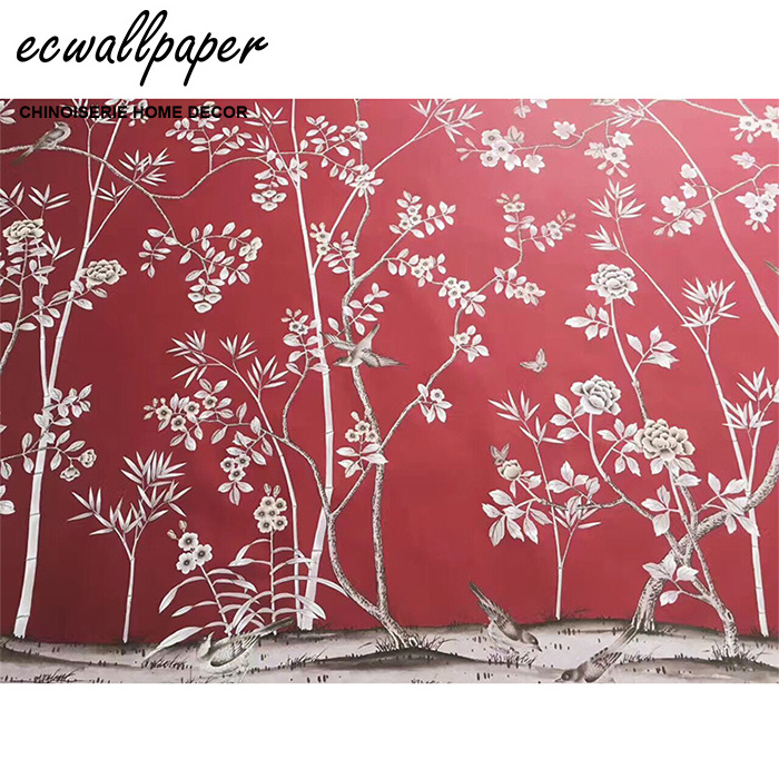 Chinoiserie Wallpaper Hand Painted Wallpaper On Red Silk