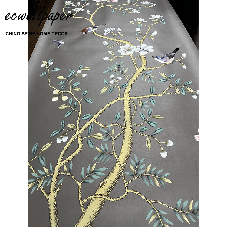 Chinoiserie Hand painted wallpapers on purple grey Silk with Partial Embroidery