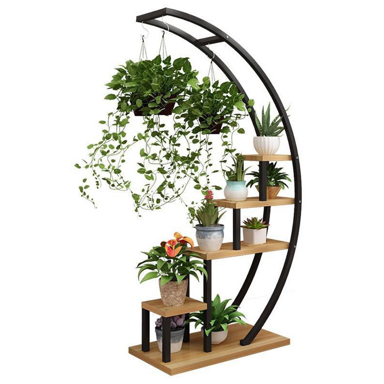 Wooden Plant Shelf Holder 59inch Hanging Pot 5-tier Steel Metal Flower Display Stand